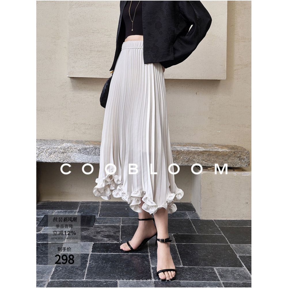 COOBLOOM White Petal Skirt Elegant Midi Skirt Pleated Skirt Women s Sophisticated A line Skirt with Flowing Texture image 0