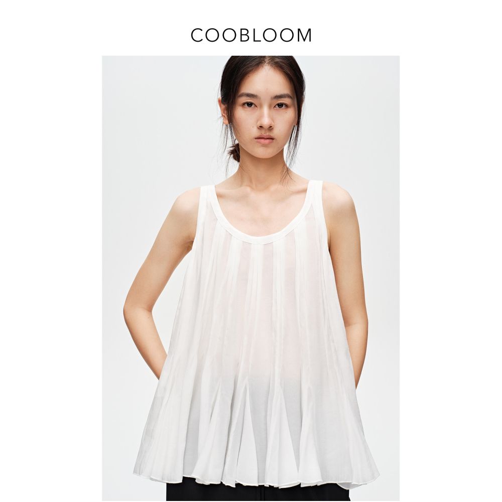 COOBLOOM Exquisite Pleated Silk Blend Sleeveless Vest Top for Women Summer French Style U Neck Top image 1