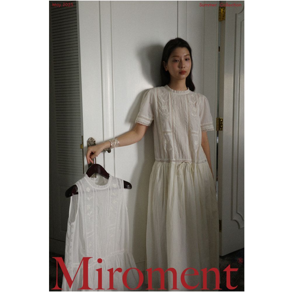 Miroment s exquisitely embroidered stand up collar antique beige low waisted sleeveless short sleeved dress multiple images image 0