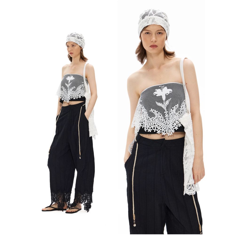 Furifuri New Faux Two Piece Floral Hollow Out Embroidered Lace Non Slip Double Layer Bandeau Top for Women image 0