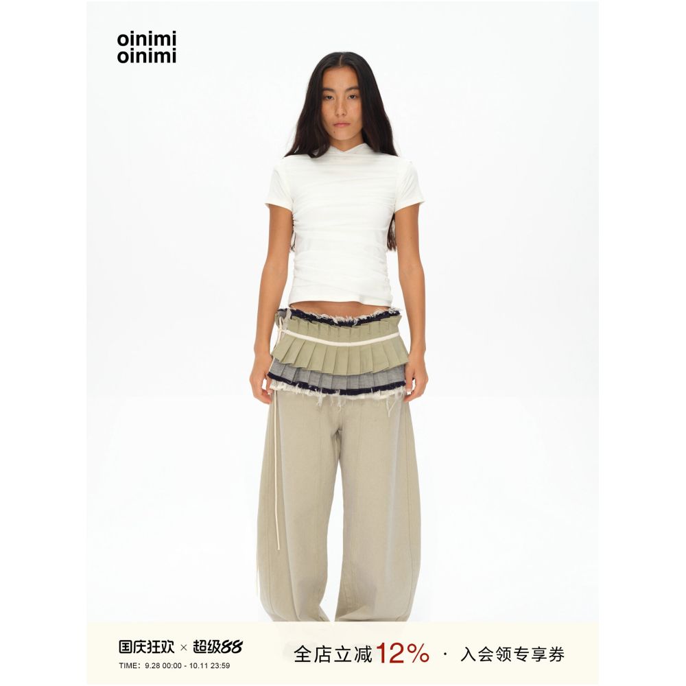 oinimi frayed denim accordion skirt with pleated lace waistband and flared hem A stylish accessory that can be used both ways image 0