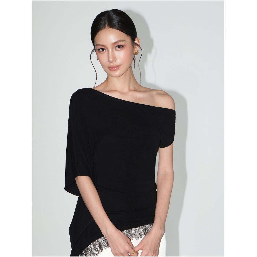 NEVA HU Muse s Notebook Lyocell Irregular Off Shoulder T Shirt for Women Stylish Lace Trim Top image 1