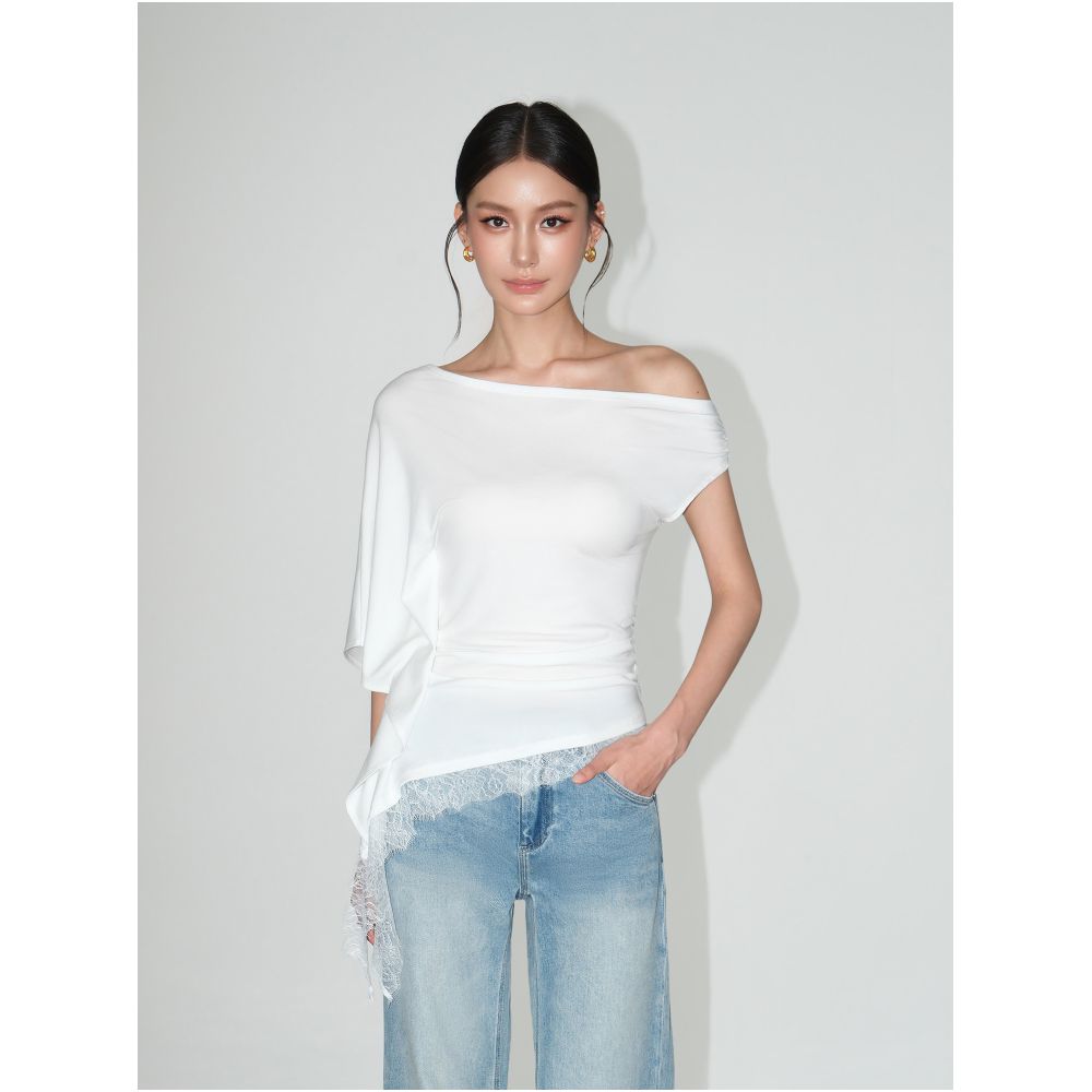NEVA HU Muse s Notebook Lyocell Irregular Off Shoulder T Shirt for Women Stylish Lace Trim Top image 2