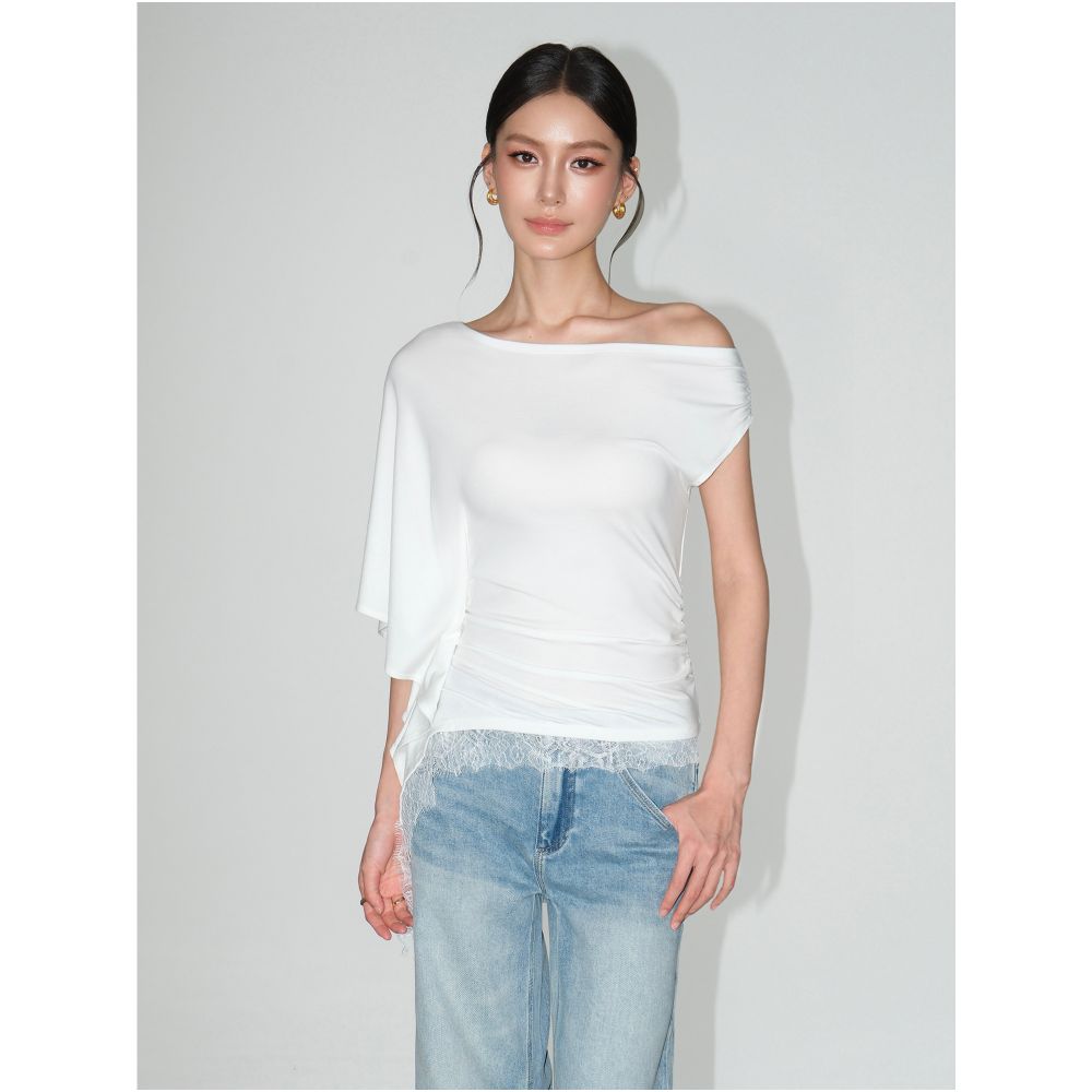ASAYA7785 – Lace Drape Asymmetric Top 🖤🤍