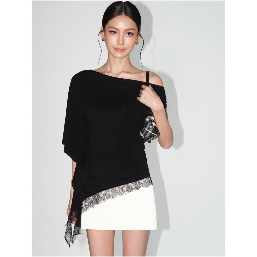 ASAYA7785 – Lace Drape Asymmetric Top 🖤🤍