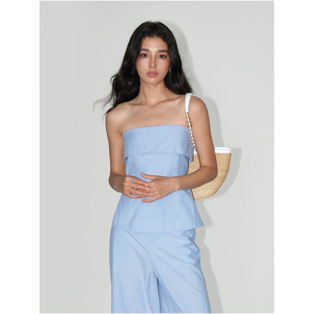 NEVA HU Stylish and Sheer Off Shoulder Strapless Top Vest Women s Straight Leg Striped Casual Pants Set image 1