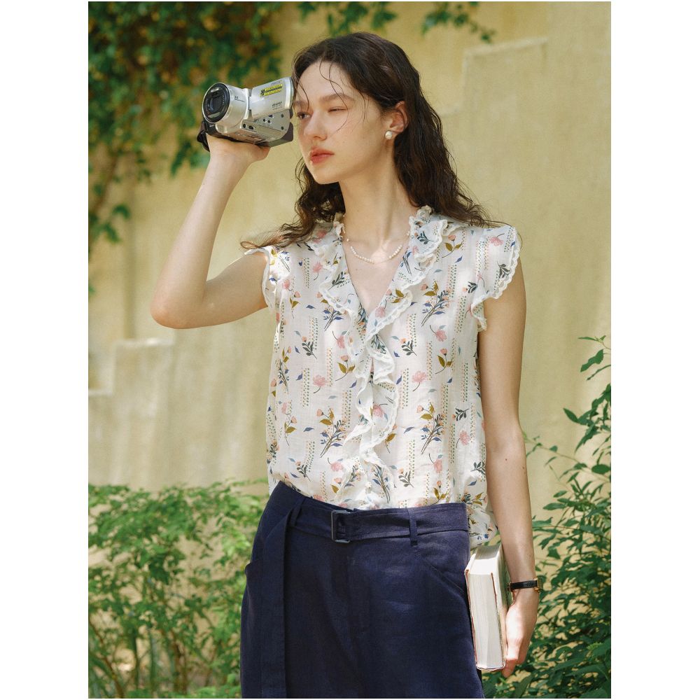 Clean Sense 100 Ramie Floral Lace Trim Ruffled Linen V Neck Sleeveless Shirt image 2