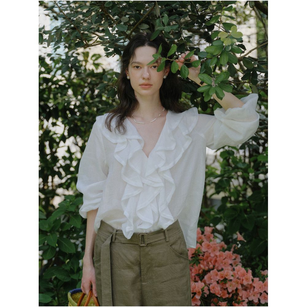 ASAYA7792 – Ivory Ruffle Ramie Blouse 🤍🌿