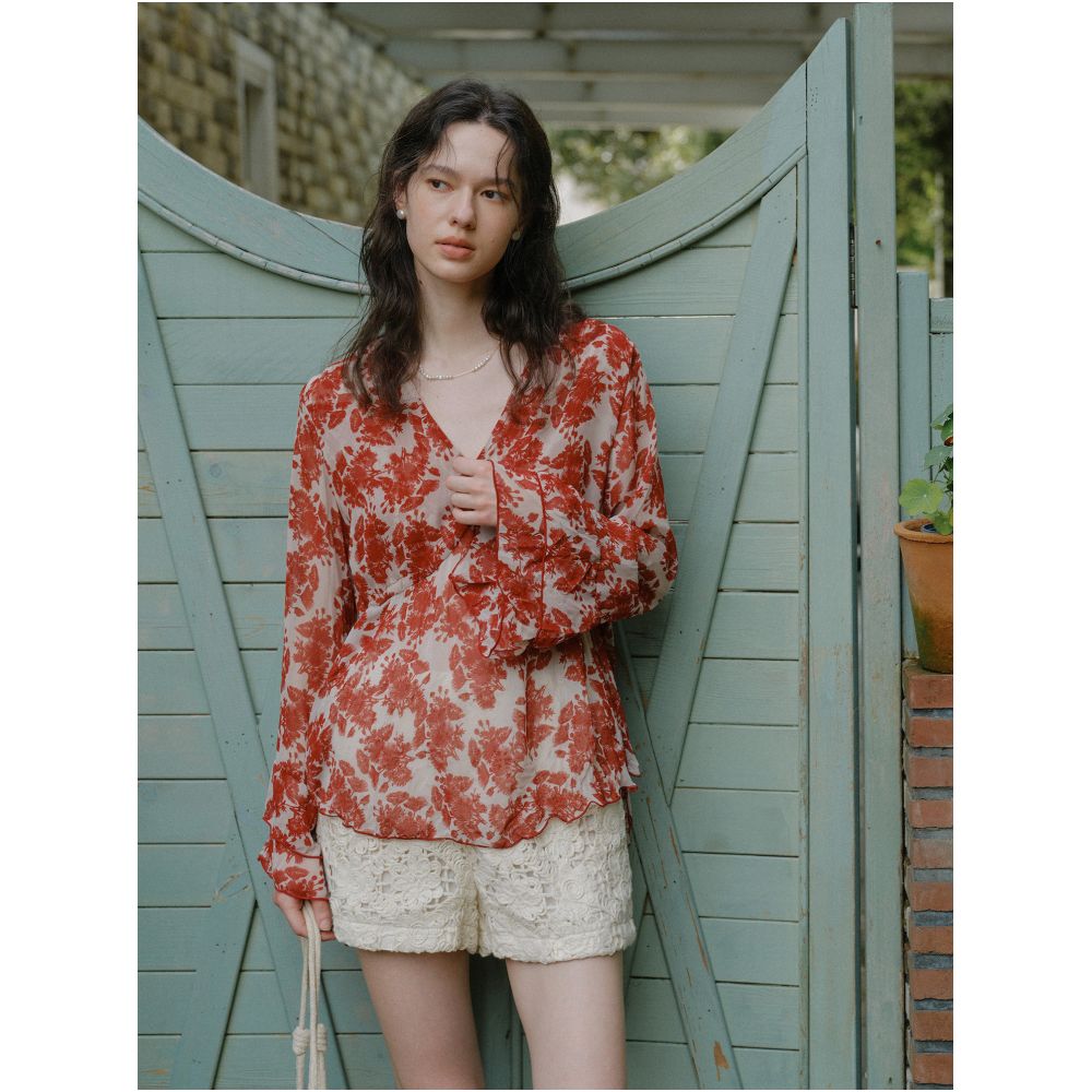 Clean Sense Summer Floral V neck Slim Waist Flared Sleeve Top image 1