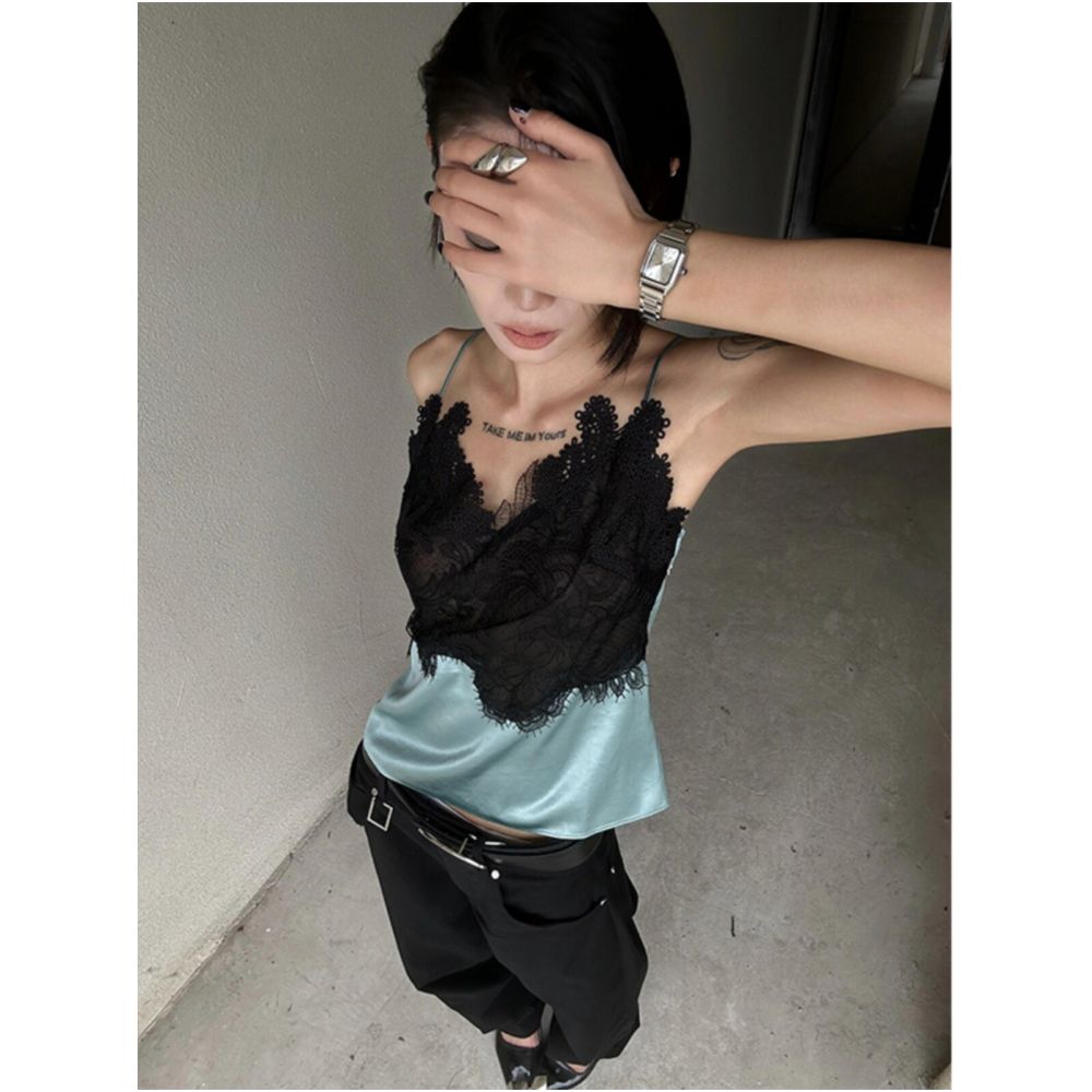 Turn up Chen Tui er Sexy and Hot Girl Patchwork Lace Satin Camisole Tank Top Women s Summer Design Top INS image 0