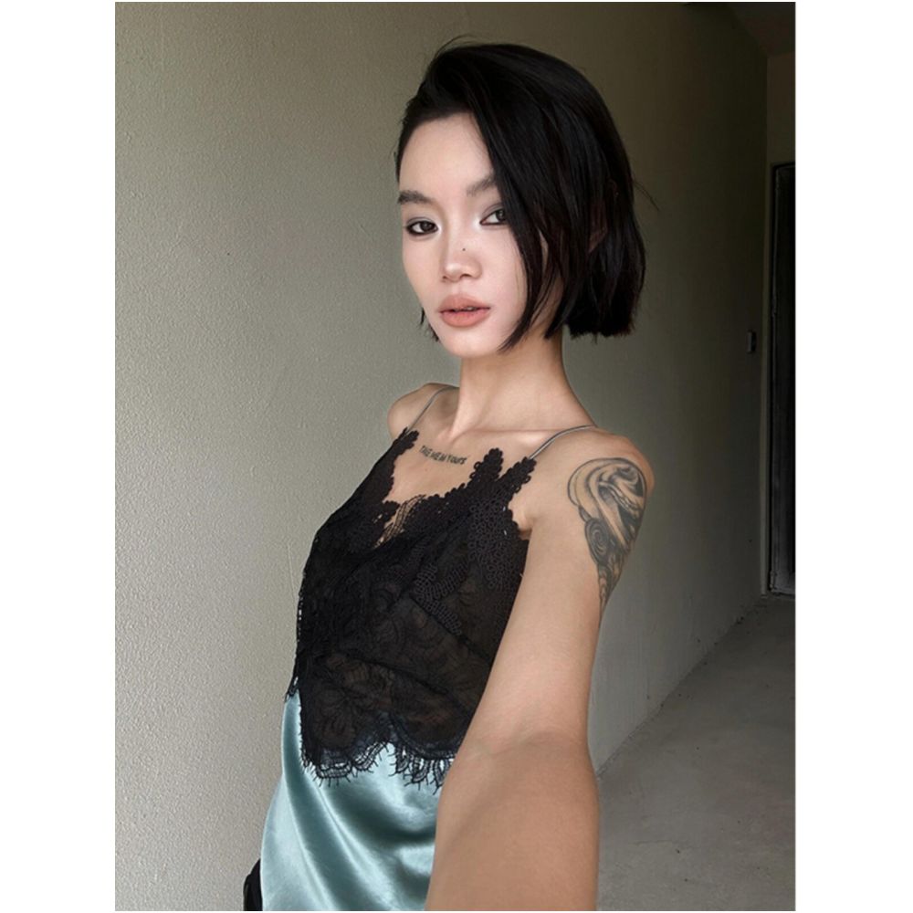Turn up Chen Tui er Sexy and Hot Girl Patchwork Lace Satin Camisole Tank Top Women s Summer Design Top INS image 1