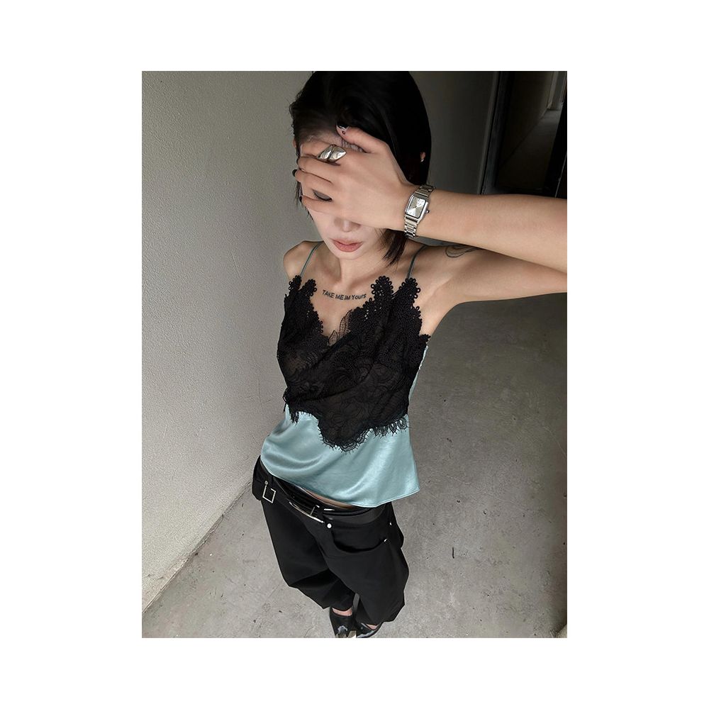 ASAYA7797 – Midnight Aqua Lace Camisole 🖤🩵