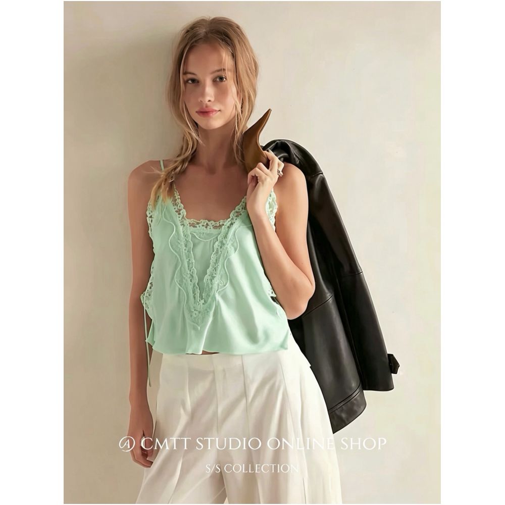 Currently Nana s same style Free People pure and alluring lace trimmed loose V neck satin camisole image 0