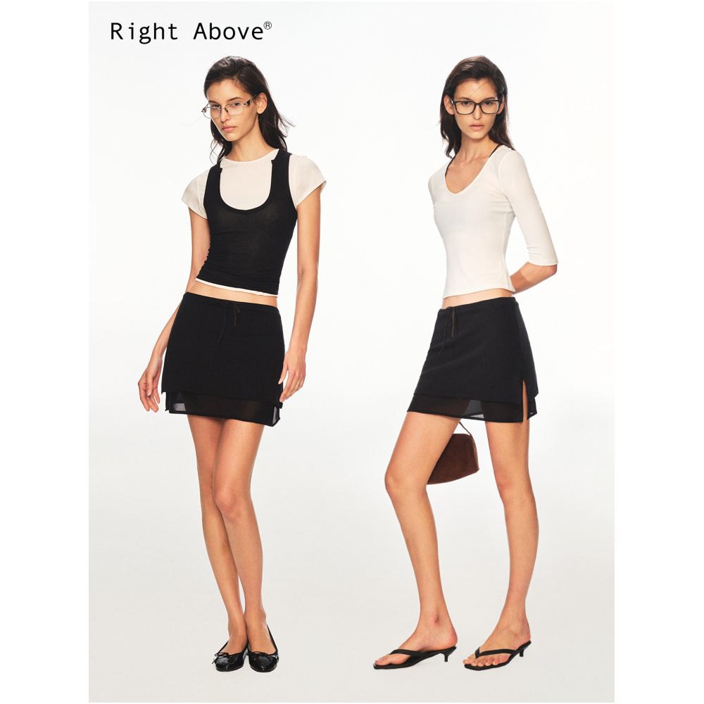 Right Above High Waisted Elegant Midi Skirt Lightweight Double Layer Lyocell Cotton Drawstring Side Slit Mini Skirt image 2