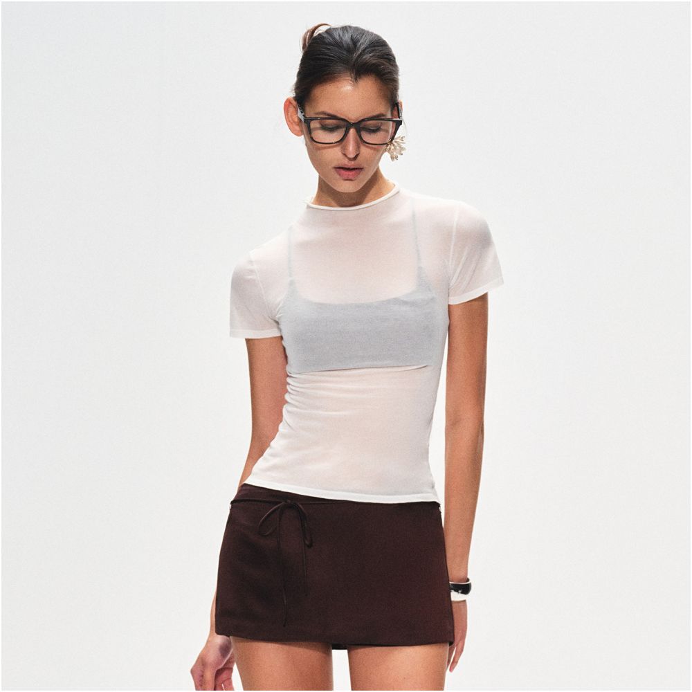ASAYA7809 – Sheer Whisper Mock-Neck Tee 🖤🩶