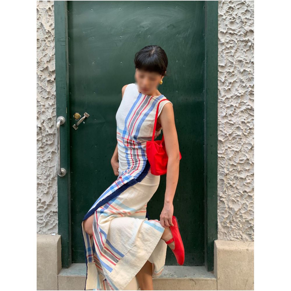 French retro blue plaid sleeveless vest dress old fashioned side slit cotton linen vacation dress for women summer image 0