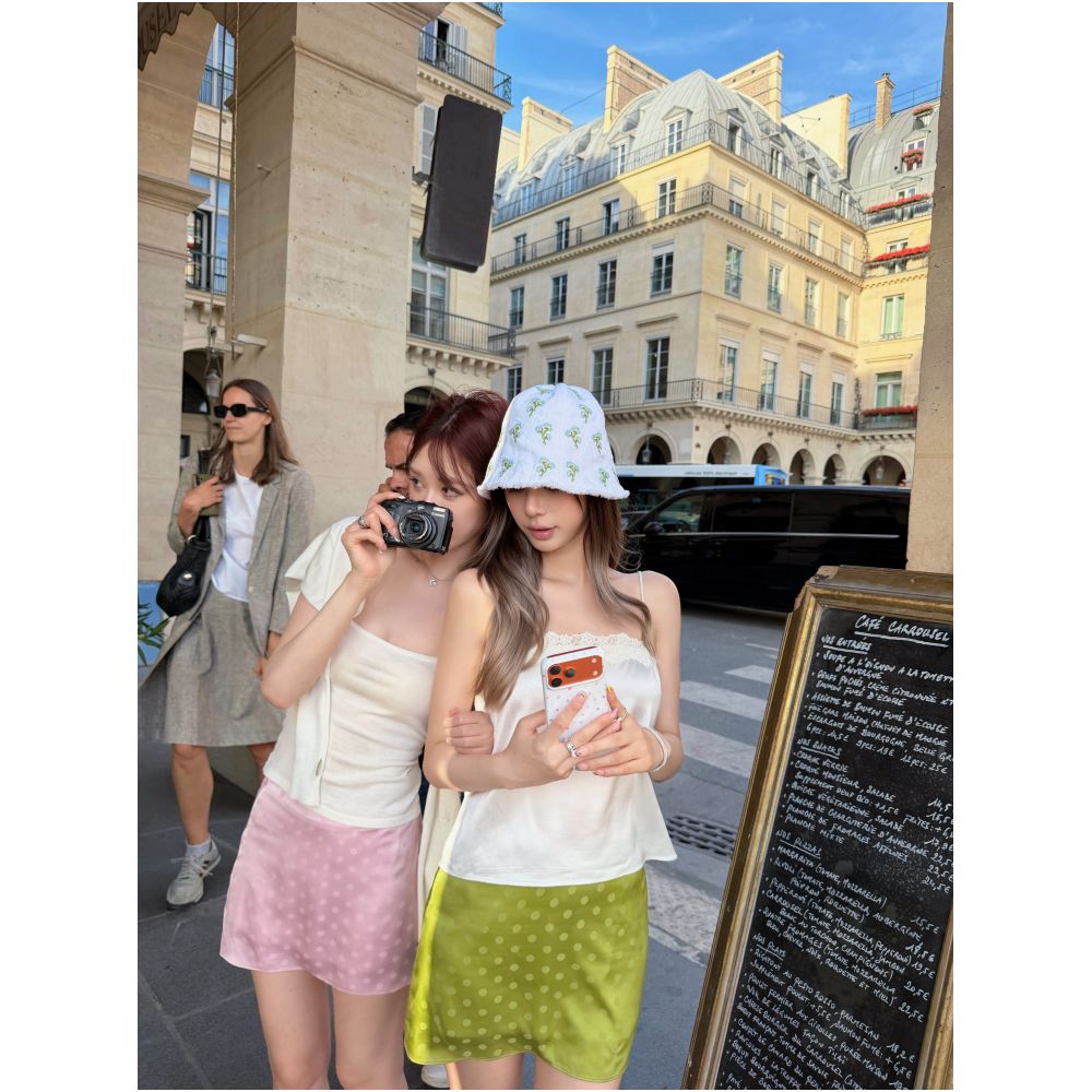 DailyDash s Youthful Kiss Summer Mini Air Conditioner Satin Glossy Polka Dot A line Skirt image 0