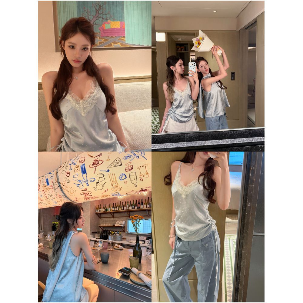 DailyDash Sea Salt Boba Exquisite Flow Satin Polka Dot Lace Camisole with Flowy Ribbon Halter Neck Top image 0