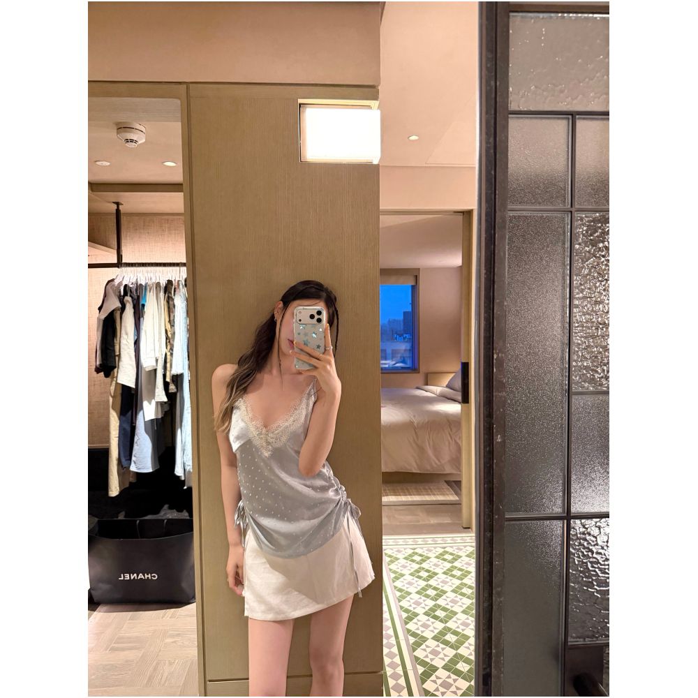 DailyDash Sea Salt Boba Exquisite Flow Satin Polka Dot Lace Camisole with Flowy Ribbon Halter Neck Top image 3