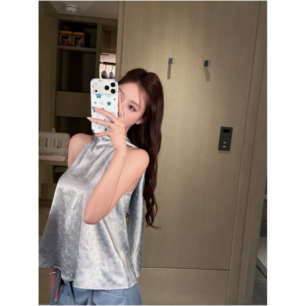 DailyDash Sea Salt Boba Exquisite Flow Satin Polka Dot Lace Camisole with Flowy Ribbon Halter Neck Top image 4