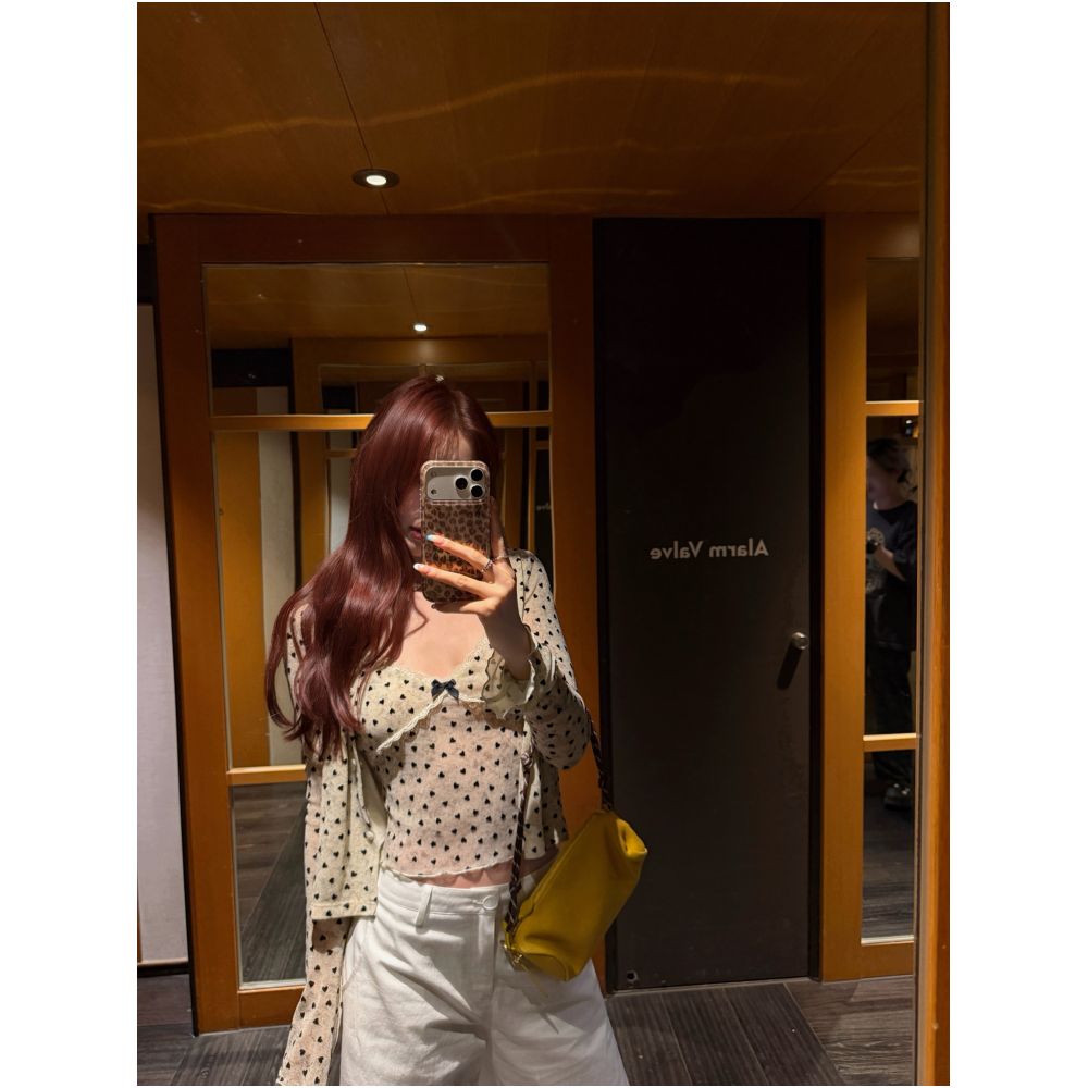 DailyDash Heartbeat Frame Retro Pure and Elegant Velvet Heart Print Lace Camisole Cardigan Set image 1