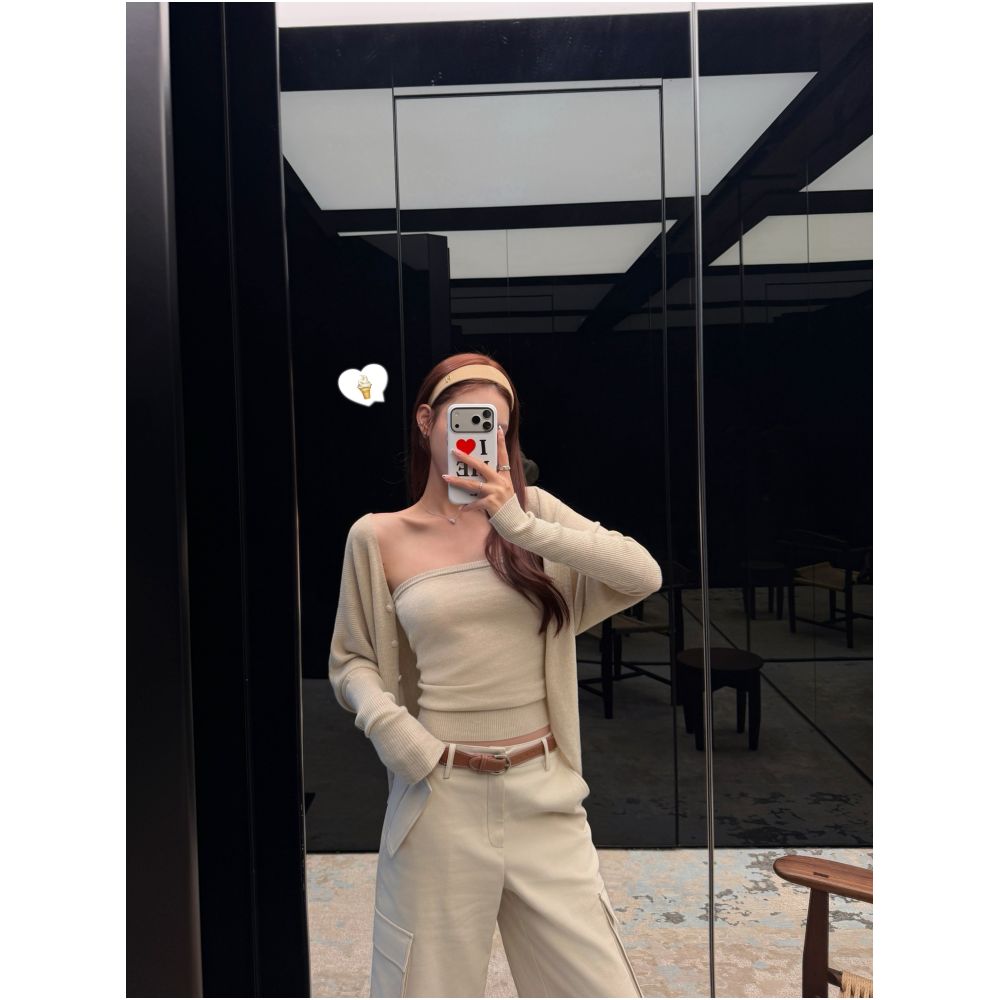 DailyDash s Row Style Aesthetics Minimalist Chic Black Oatmeal Knit Bandeau Top Outerwear Set image 0