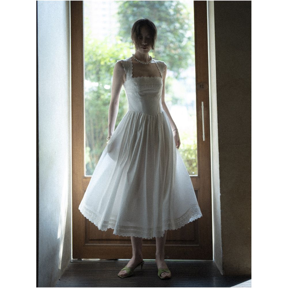 Texture Si custom made ins lace trim heavy duty French square neckline elegant pastoral style fitted waist dress image 2