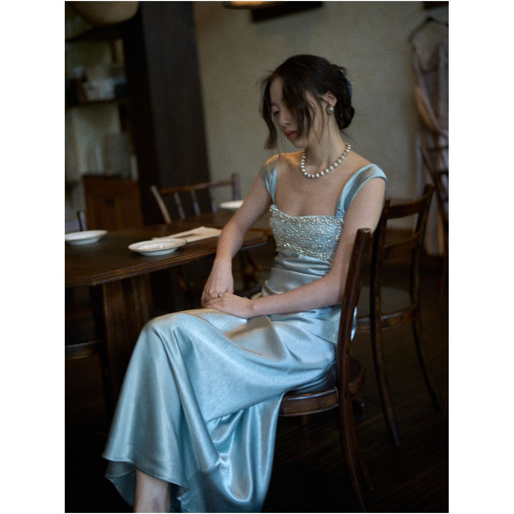 Texture Si Handcrafted Diamond Beaded Radiant Satin Slim Fit Elegant Vacation Party Dress image 1