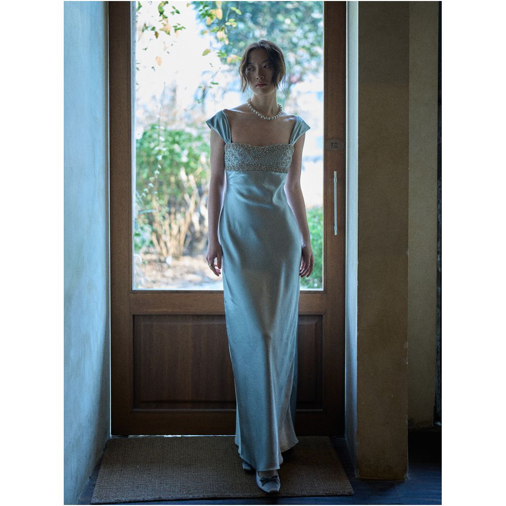 Texture Si Handcrafted Diamond Beaded Radiant Satin Slim Fit Elegant Vacation Party Dress image 4