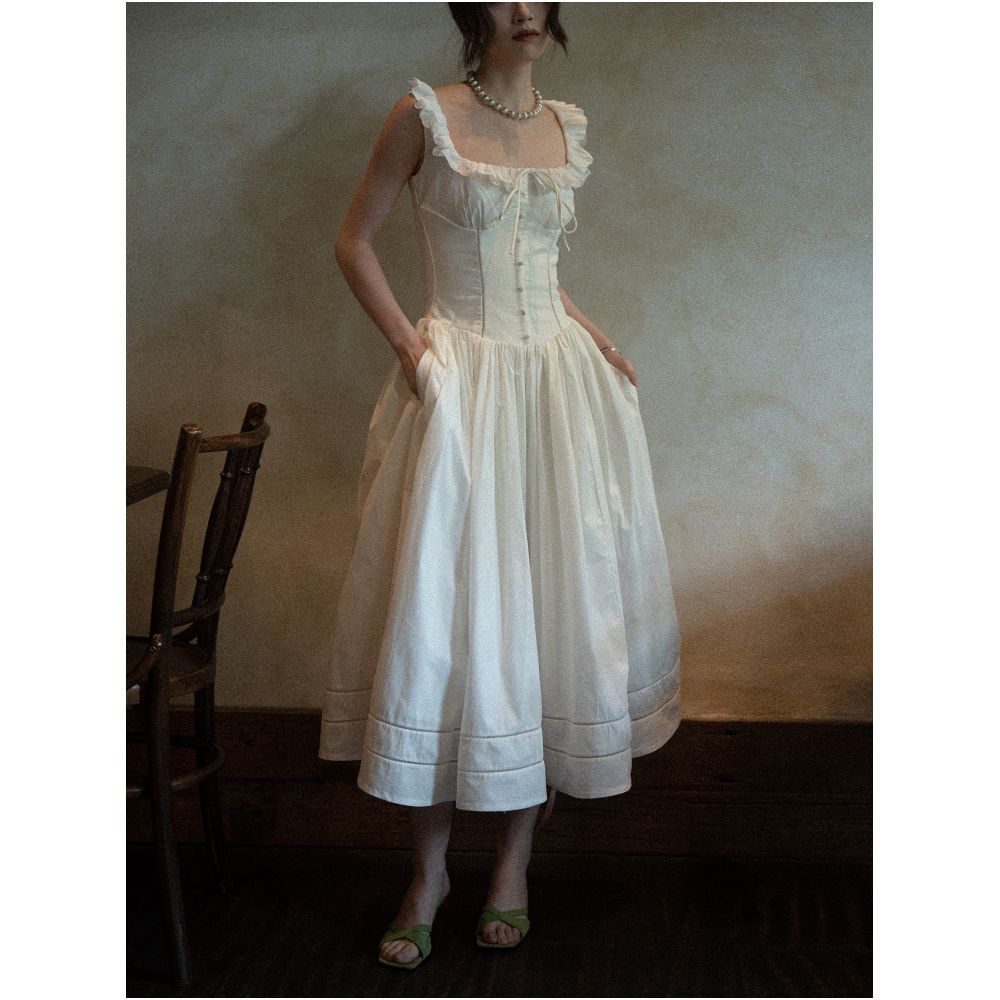 Texture Si Custom Elegant Slim Fit French Square Neck Lace Trim Dress with Full Skirt image 0