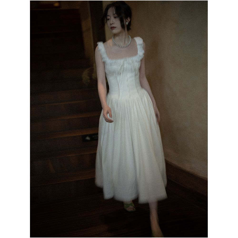 Texture Si Custom Elegant Slim Fit French Square Neck Lace Trim Dress with Full Skirt image 2