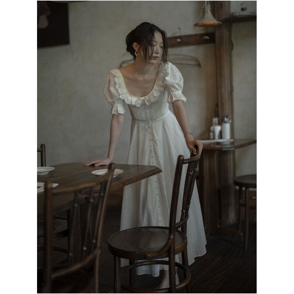 Texture Si custom designed French style elegant puff sleeved waist cinching slimming herringbone embroidered dress image 3