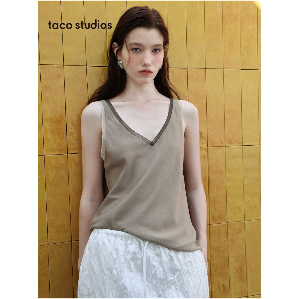 Taco Studios Lace trimmed Biscuit Minimalist V neck Sleeveless Top Vest Patties New Style Women s Summer Outerwear image 0