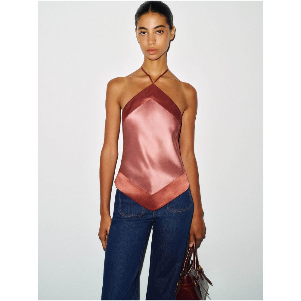 dissh niche design satin patchwork halter neck backless top sexy slim fit sleeveless camisole with elegant style image 0