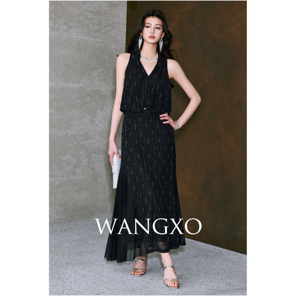 WANGXO Sparkling rhinestone floral knit top V neck vest top high waisted A line skirt image 2
