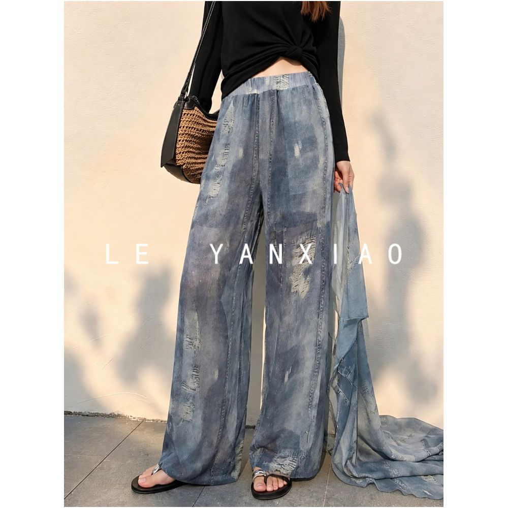 French style blue flared casual pants for women autumn 2026 high waisted super flattering thin and cool ice silk pants image 1