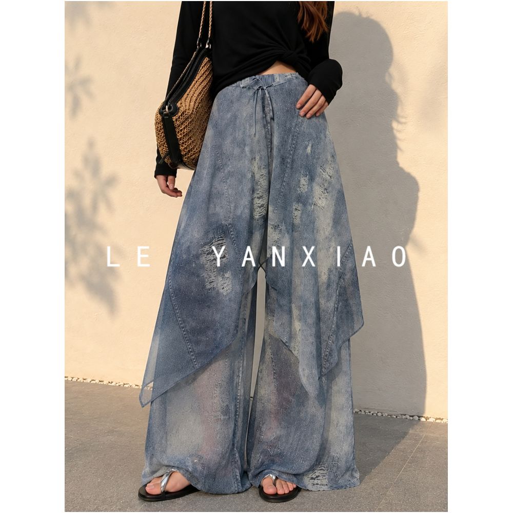 French style blue flared casual pants for women autumn 2026 high waisted super flattering thin and cool ice silk pants image 4