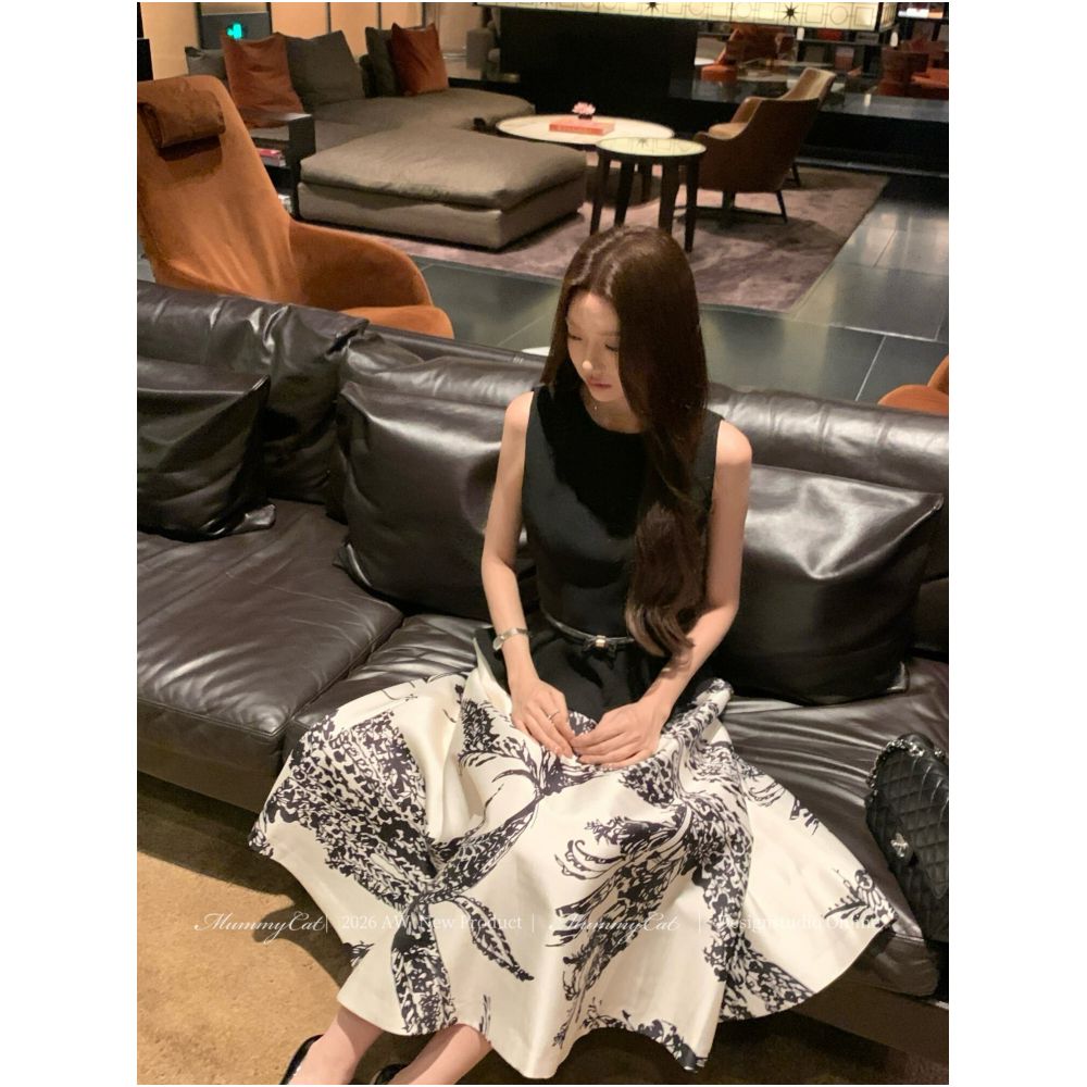 MummyCat s New Arrival Ink Blossoms Hepburn Style Elegant Ink Painted Full Length Skirt image 2