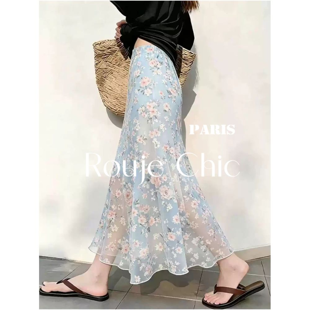 Rouje Chi French style floral chiffon breathable midi skirt for women perfect for summer and versatile image 1