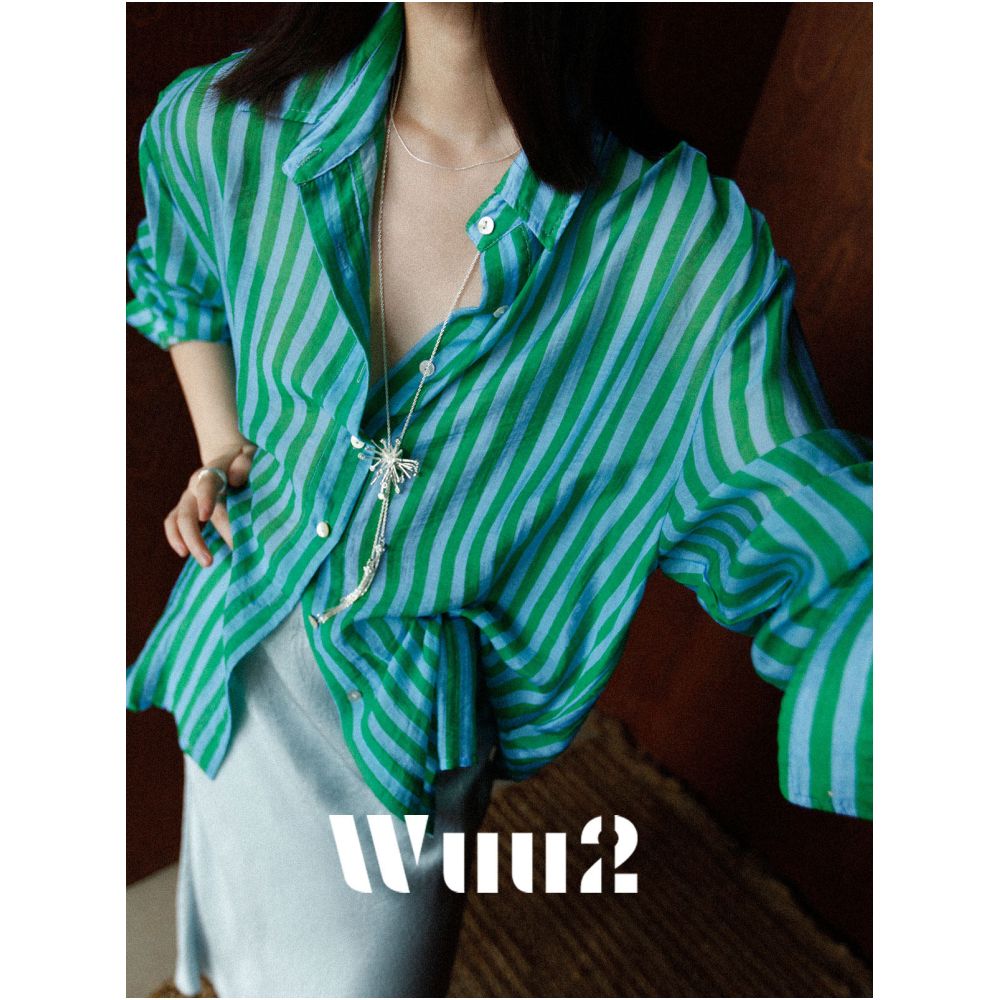 Wuu2 Cannes Green Striped Shirt Exquisite Retro Style Loose Tencel Top image 0