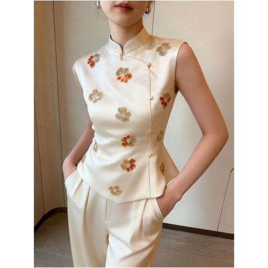 ASAYA7880 – Golden Blossom Cheongsam Vest 🌸✨