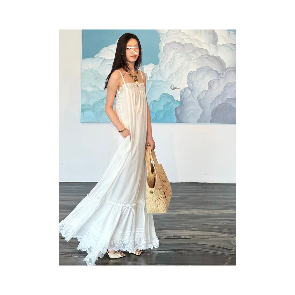 Erosi Resort Style Lace Trimmed Pleated Loose Fitting Slip Dress Summer French Chic Luxury Slimming A Line Dress Long image 1