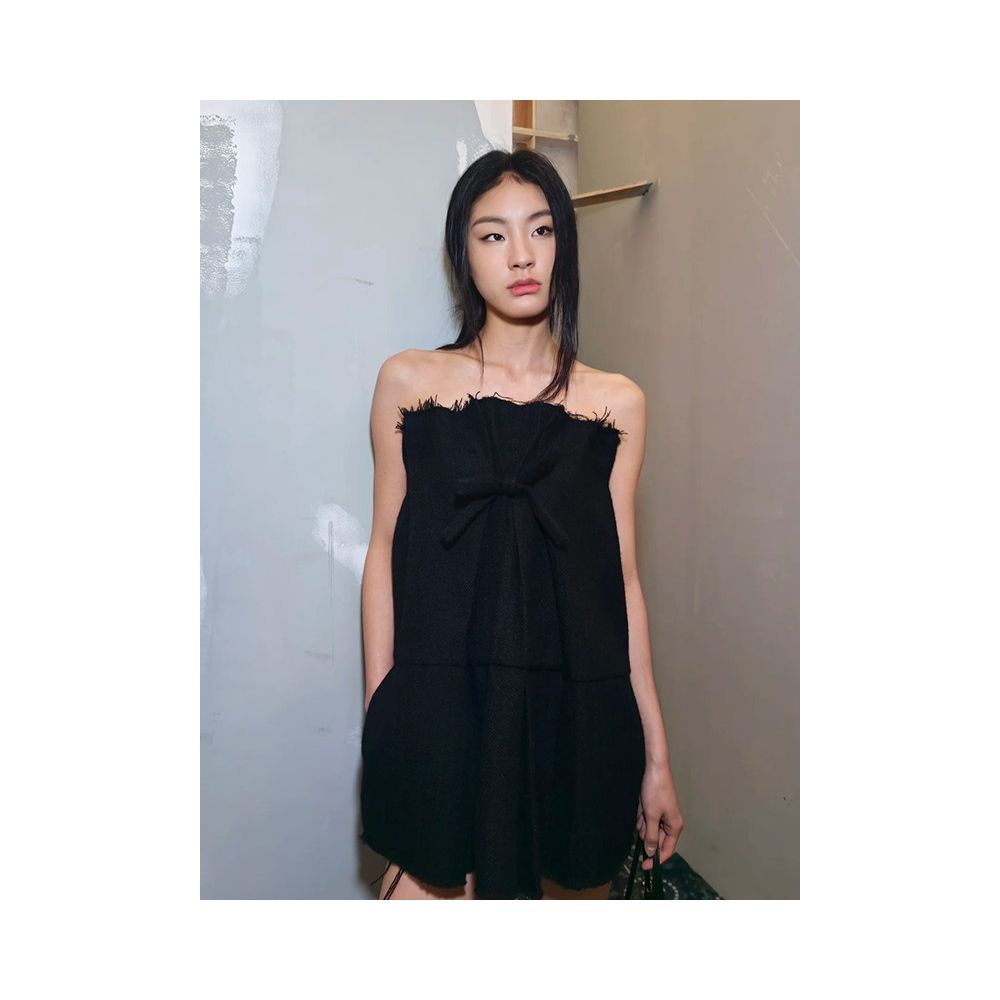 Erosi sexy off shoulder strapless little black dress with frayed edges bow pleats and a slimming design image 2
