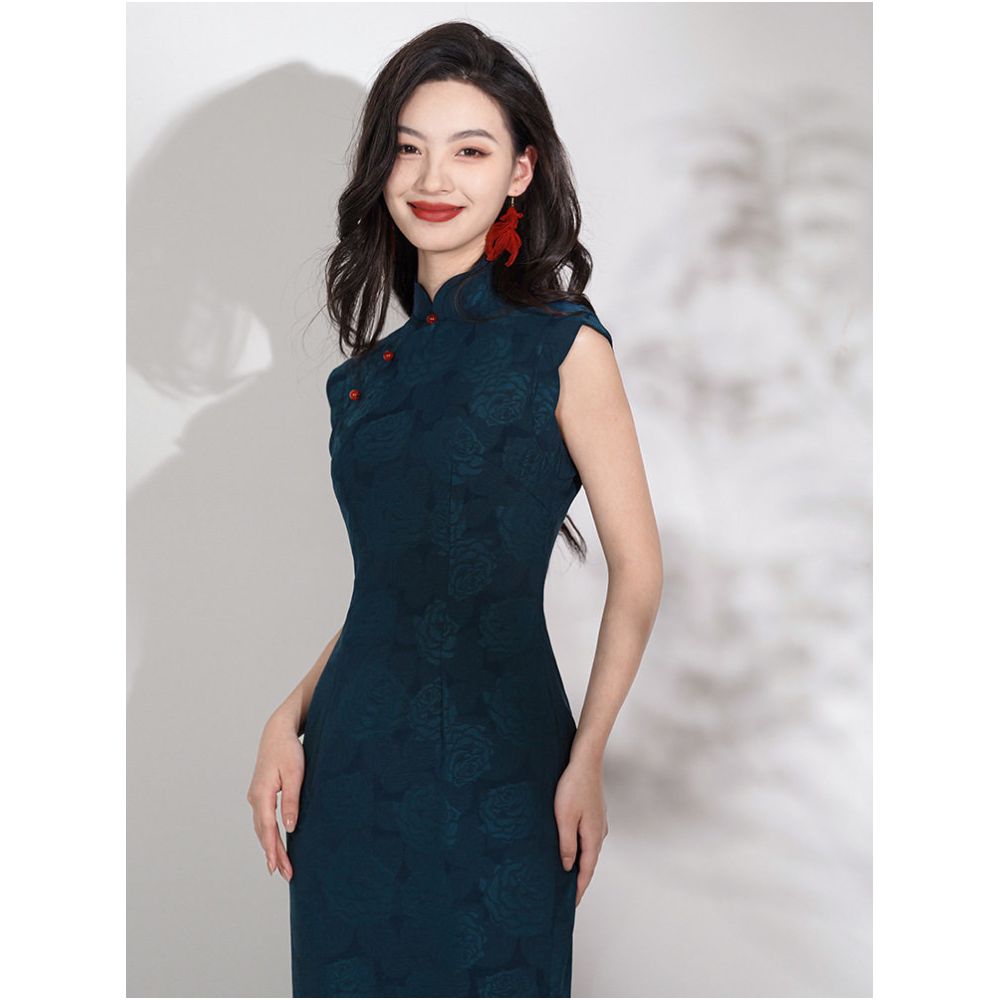 Simple tailoring vintage style tops Ultramarine Navy blue flattering literary scholarly antique style petal collar cheongsam image 2