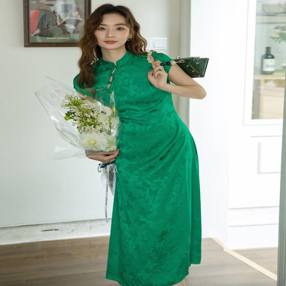 Original Design Acetic Acid Satin New Chinese Style Daily Improvement Cheongsam Gentle Retro Breathable Dress 585 image 2