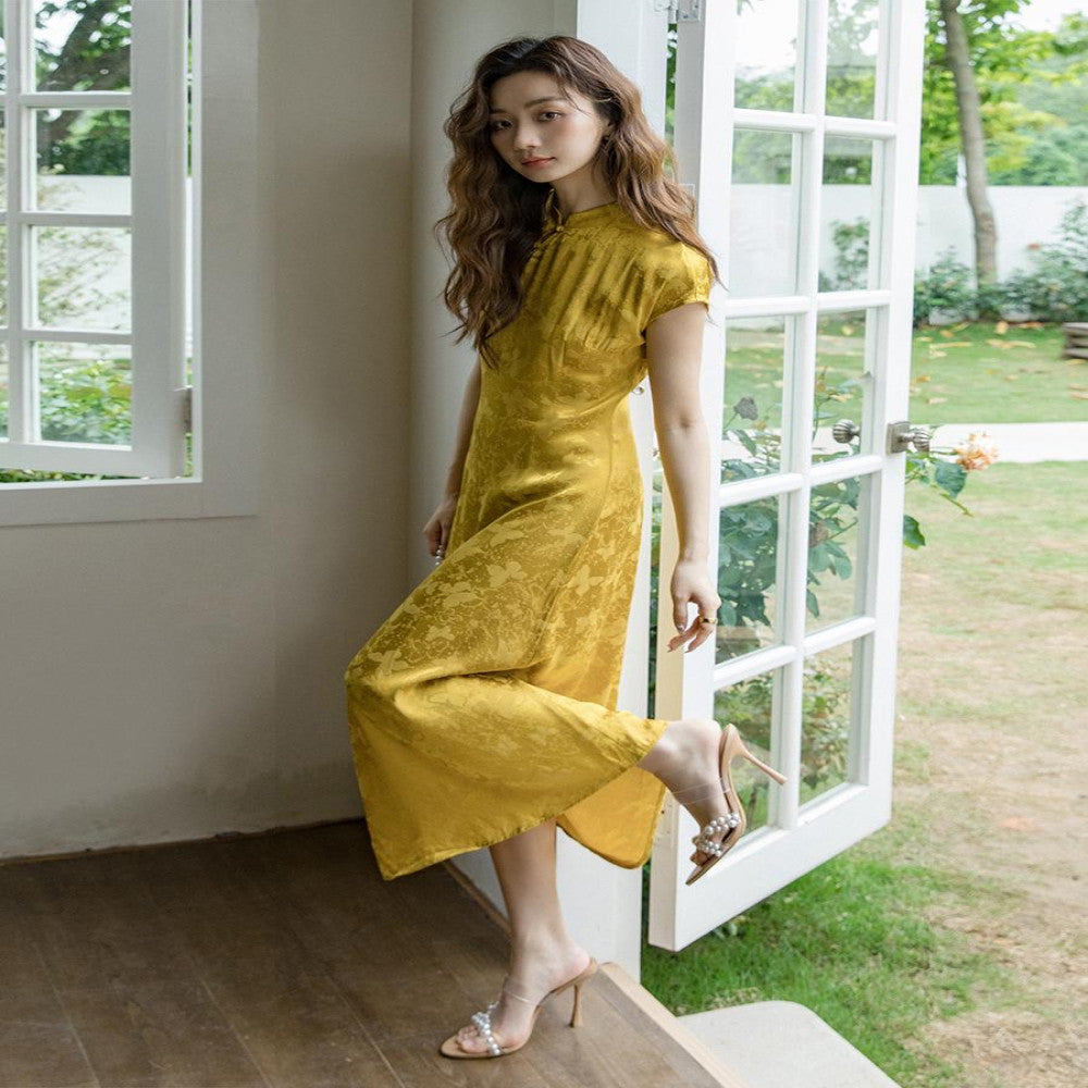 Original Design Acetic Acid Satin New Chinese Style Daily Improvement Cheongsam Gentle Retro Breathable Dress 585 image 3