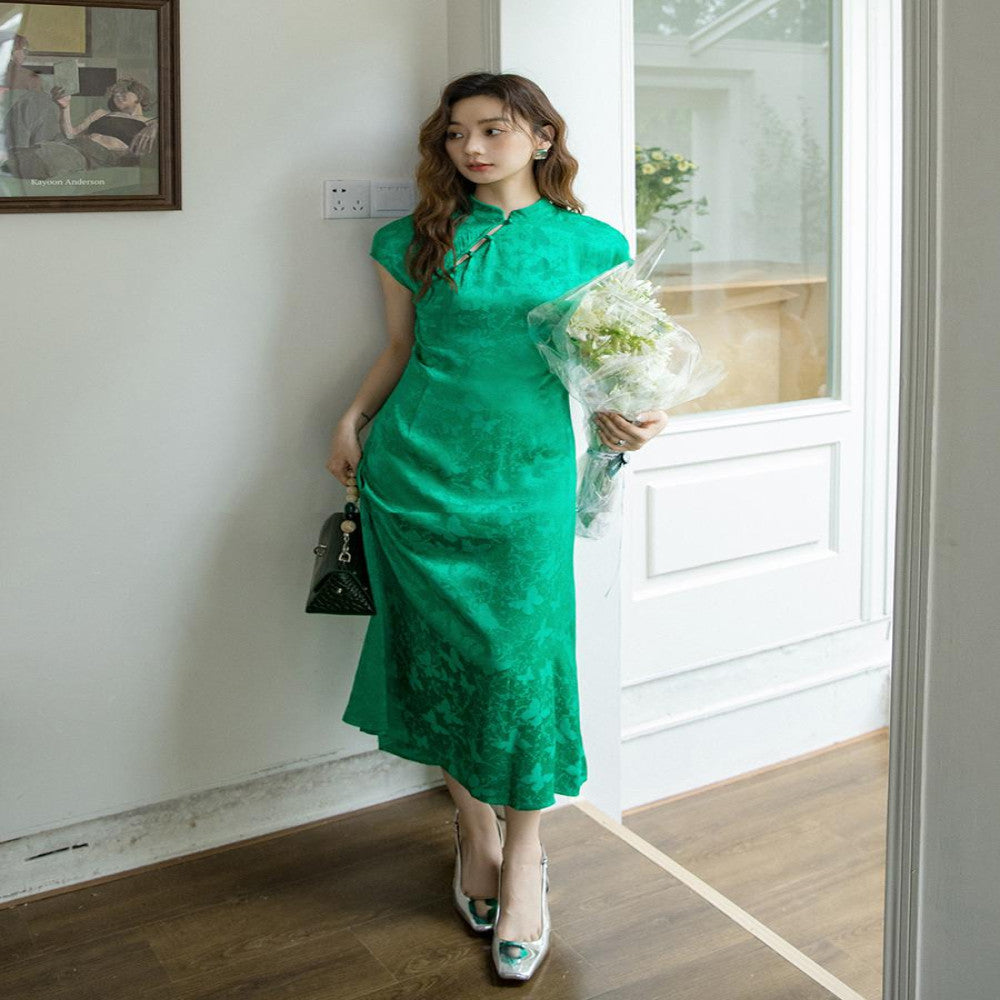 Original Design Acetic Acid Satin New Chinese Style Daily Improvement Cheongsam Gentle Retro Breathable Dress 585 image 4