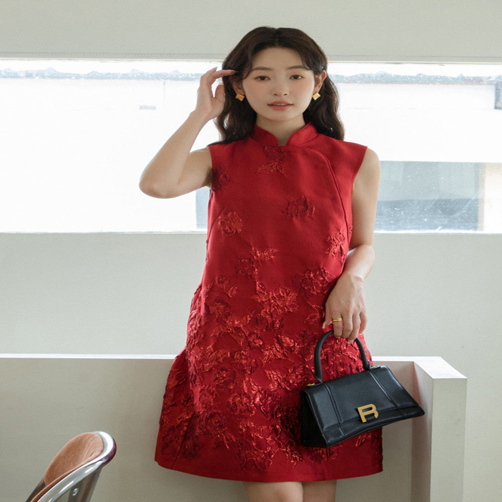 Customized Rose Jacquard 3D Relief Cheongsam Skirt New Chinese Style Original Red Dress 2881 image 2