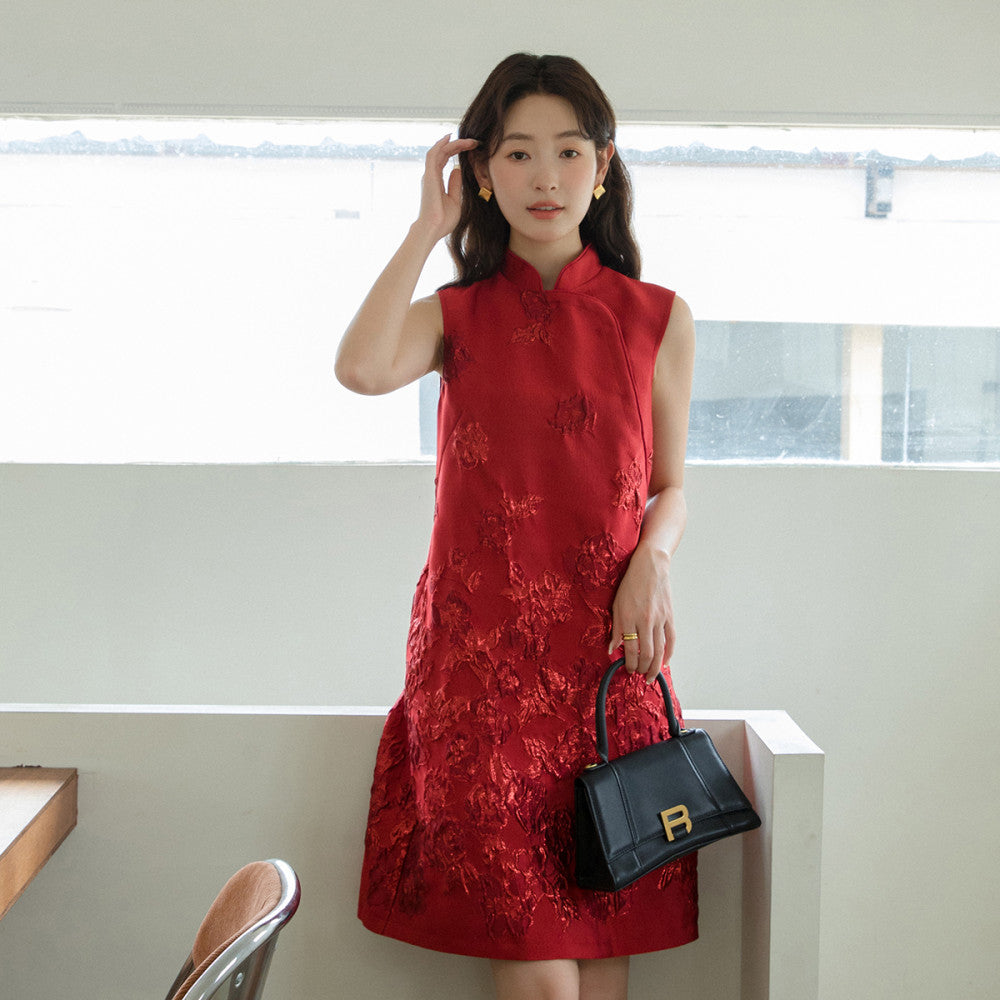 Customized Rose Jacquard 3D Relief Cheongsam Skirt New Chinese Style Original Red Dress 2881 image 12