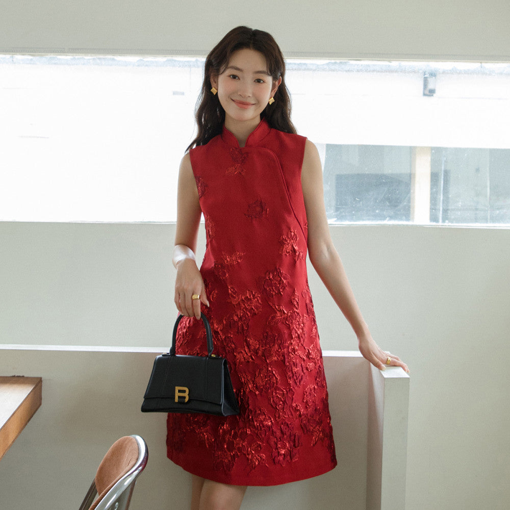 Customized Rose Jacquard 3D Relief Cheongsam Skirt New Chinese Style Original Red Dress 2881 image 21